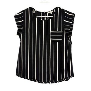 2/$30 Lily White - Black & White Striped Blouse Medium Cap Sleeve Pocket Top